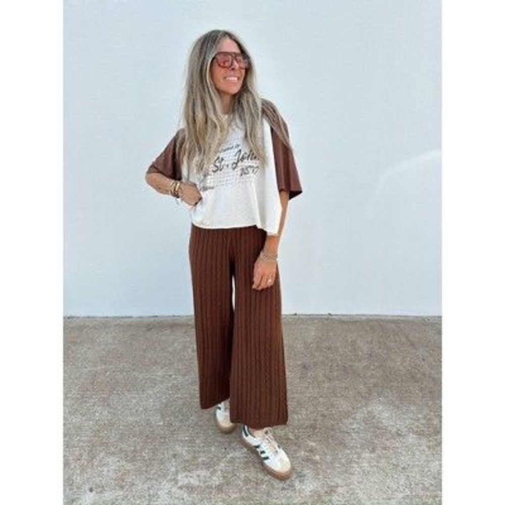 Women's Ascot + Hart Wide Leg Graphic Knit Pants - Brown M - Picture 3 of 4